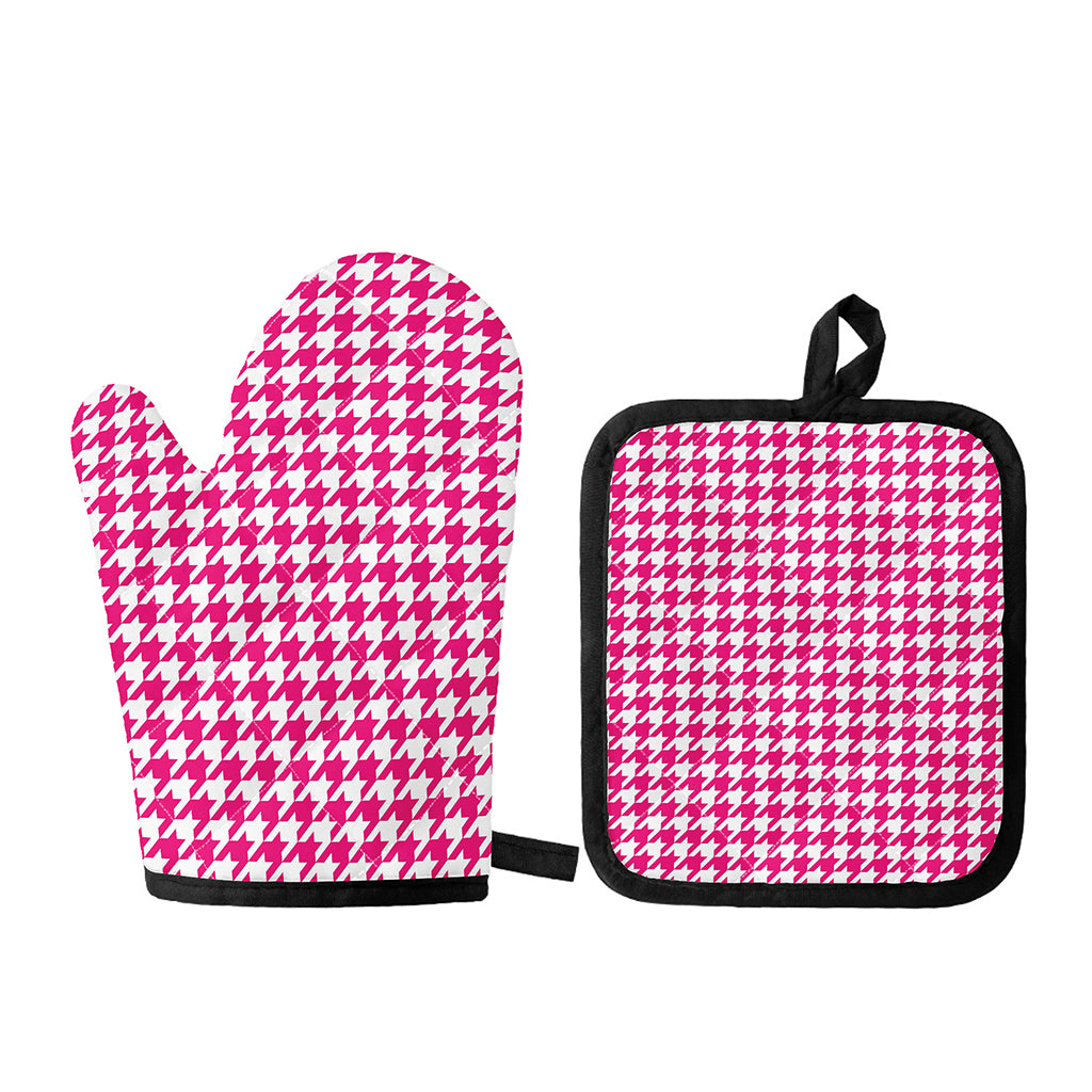 Hot Pink And White Houndstooth Print Oven Mitt And Pot Holder Set