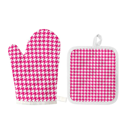 Hot Pink And White Houndstooth Print Oven Mitt And Pot Holder Set