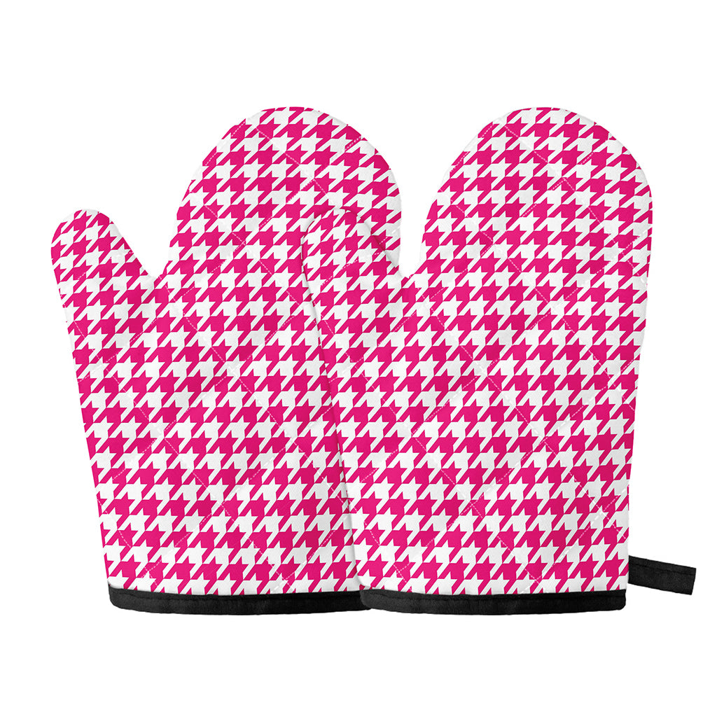 Hot Pink And White Houndstooth Print Oven Mitts