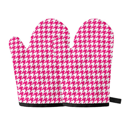 Hot Pink And White Houndstooth Print Oven Mitts
