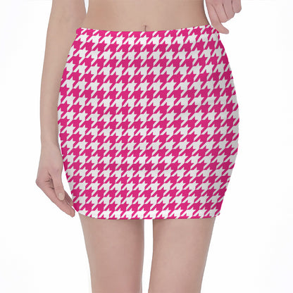 Hot Pink And White Houndstooth Print Pencil Mini Skirt