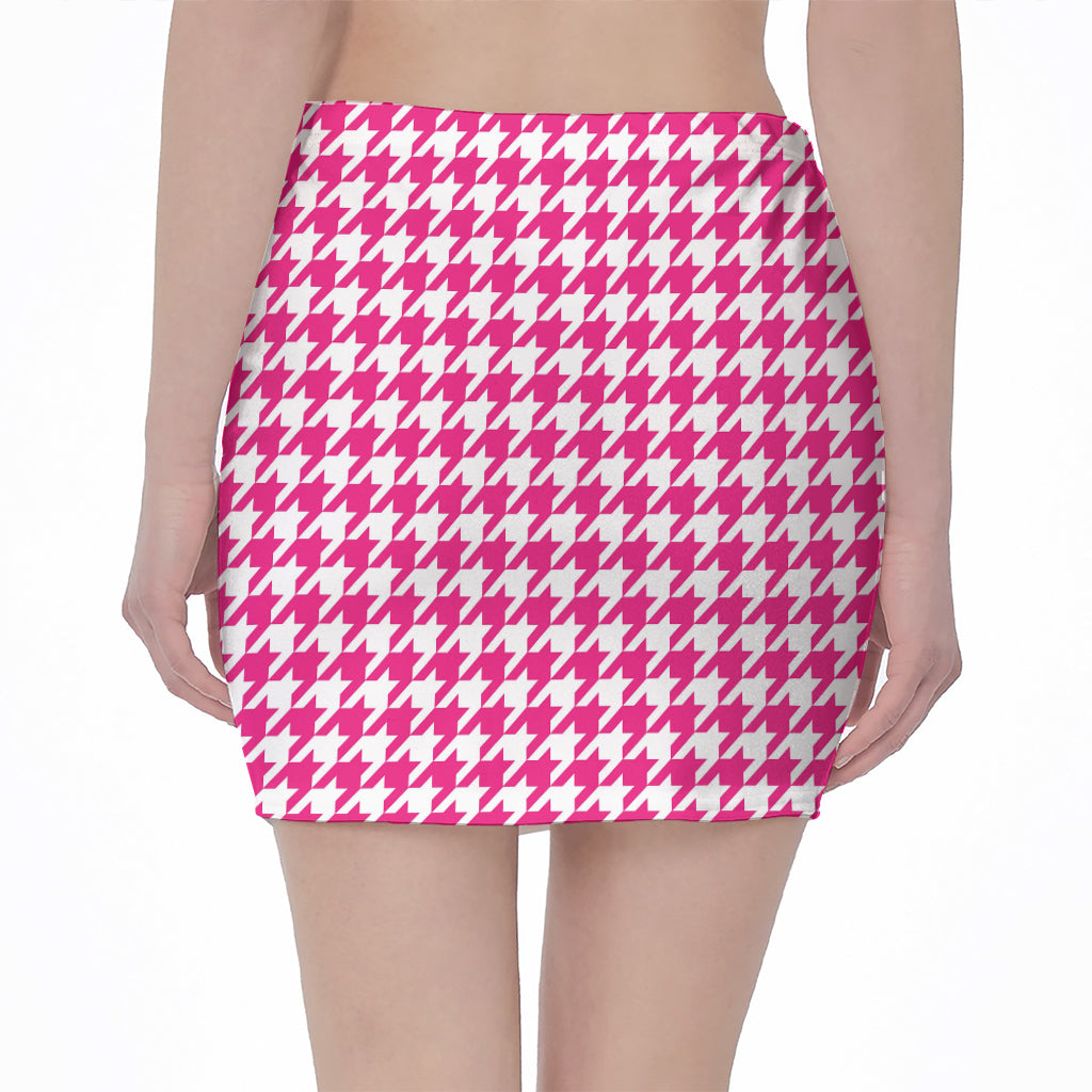 Hot Pink And White Houndstooth Print Pencil Mini Skirt