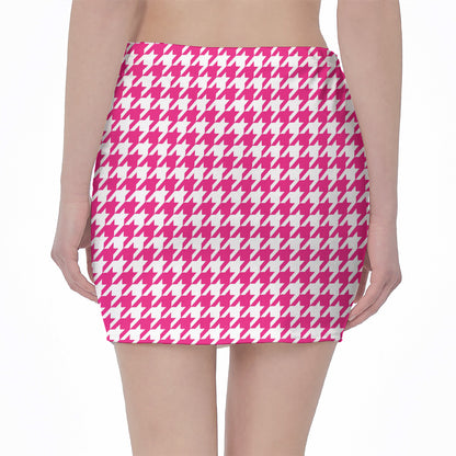 Hot Pink And White Houndstooth Print Pencil Mini Skirt