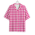 Hot Pink And White Houndstooth Print Rayon Hawaiian Shirt