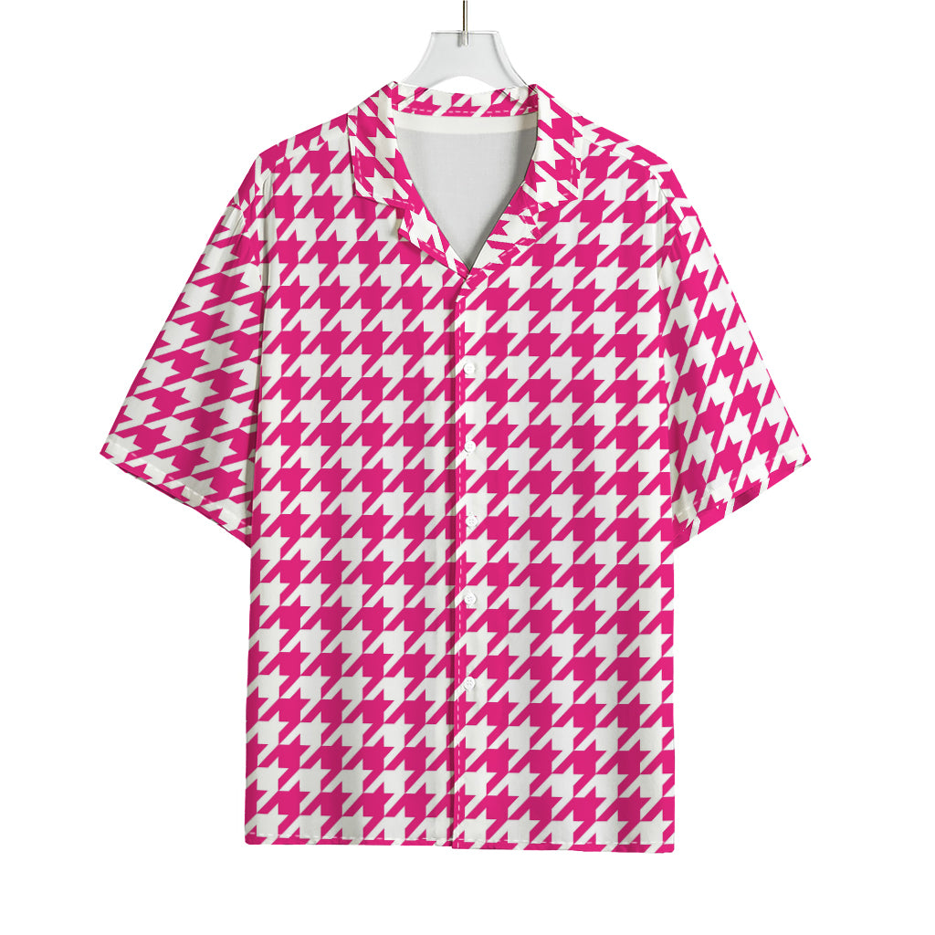 Hot Pink And White Houndstooth Print Rayon Hawaiian Shirt