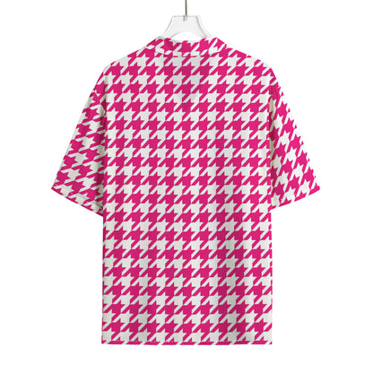 Hot Pink And White Houndstooth Print Rayon Hawaiian Shirt