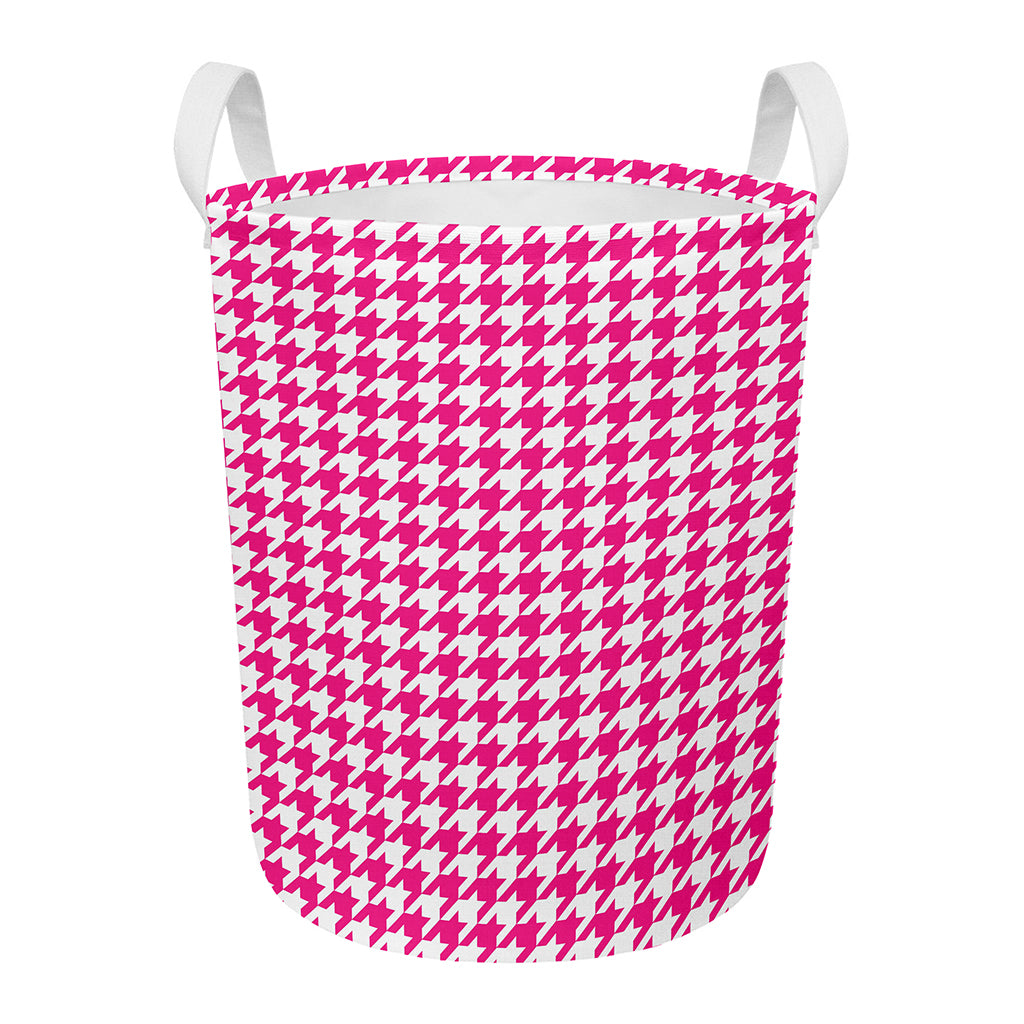 Hot Pink And White Houndstooth Print Round Laundry Basket