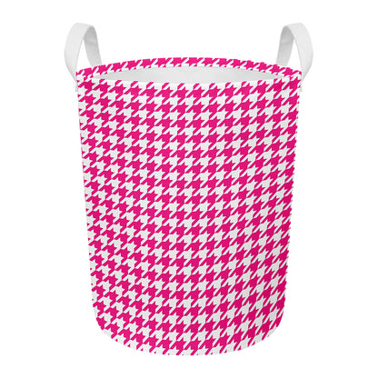 Hot Pink And White Houndstooth Print Round Laundry Basket