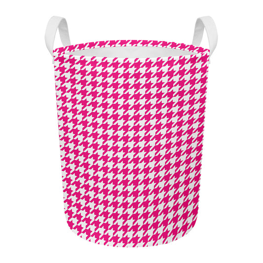 Hot Pink And White Houndstooth Print Round Laundry Basket