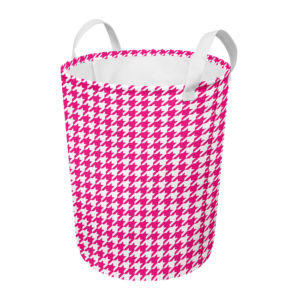 Hot Pink And White Houndstooth Print Round Laundry Basket