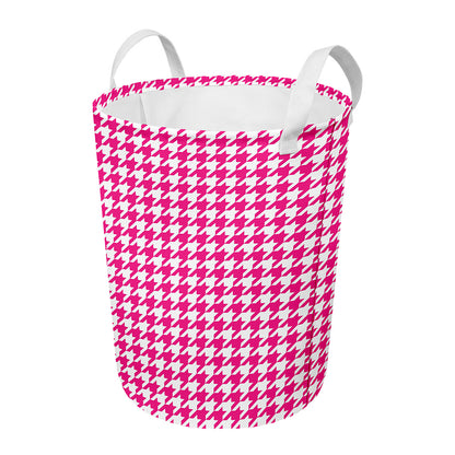 Hot Pink And White Houndstooth Print Round Laundry Basket