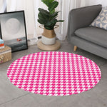 Hot Pink And White Houndstooth Print Round Rug