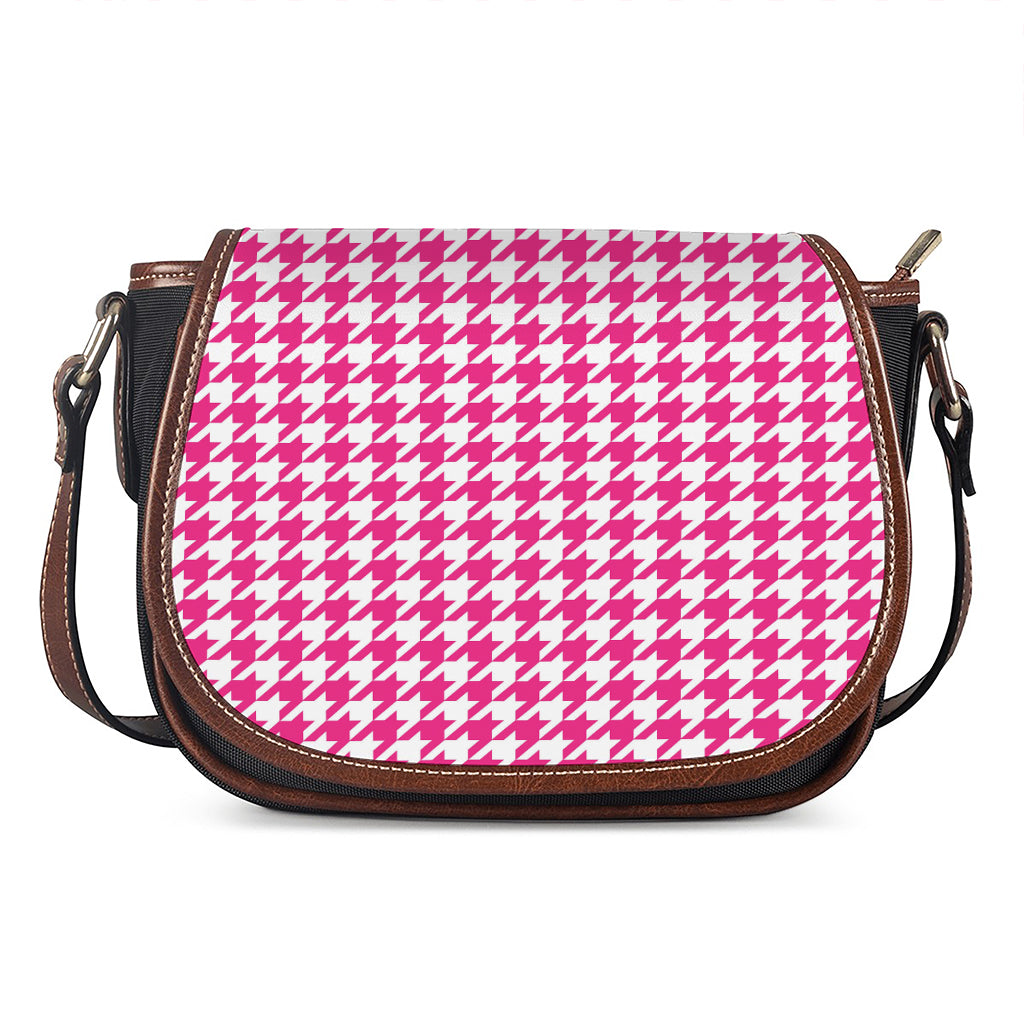 Hot Pink And White Houndstooth Print Saddle Bag