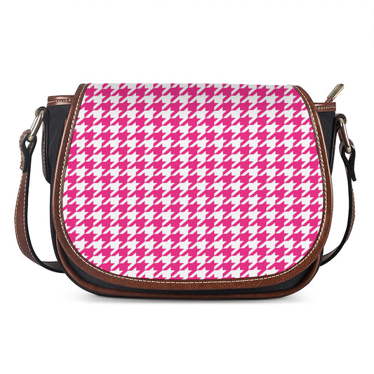 Hot Pink And White Houndstooth Print Saddle Bag