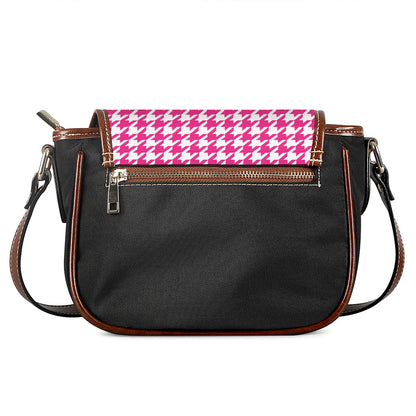 Hot Pink And White Houndstooth Print Saddle Bag