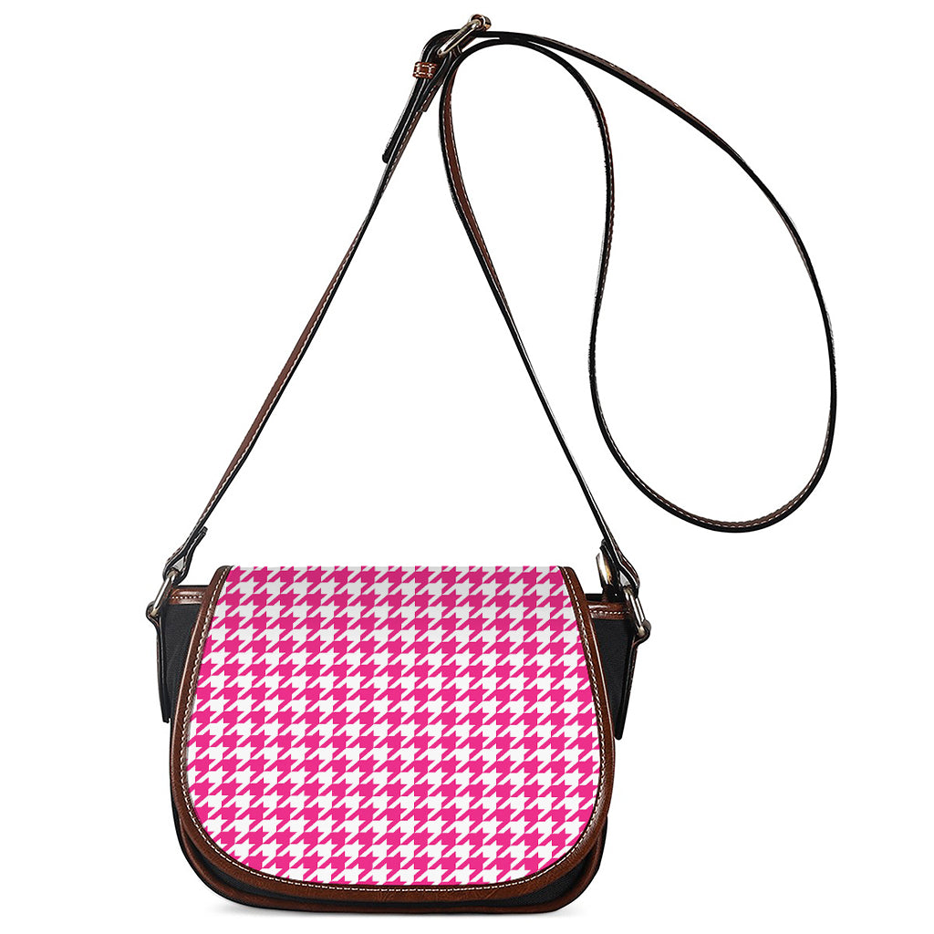 Hot Pink And White Houndstooth Print Saddle Bag