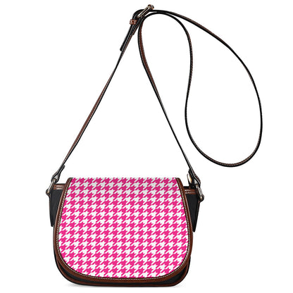 Hot Pink And White Houndstooth Print Saddle Bag