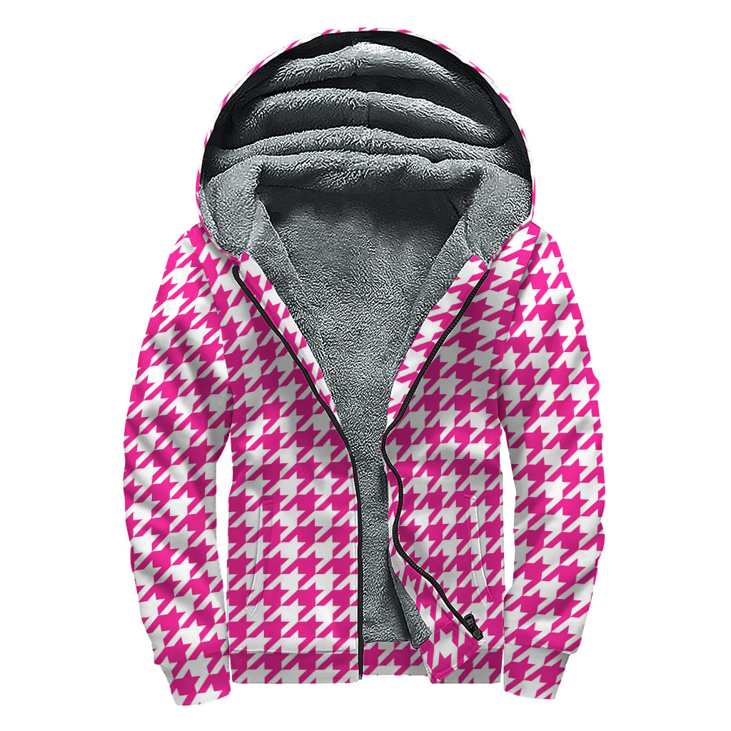 Hot Pink And White Houndstooth Print Sherpa Lined Zip Up Hoodie