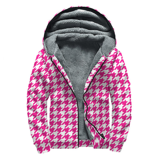 Hot Pink And White Houndstooth Print Sherpa Lined Zip Up Hoodie