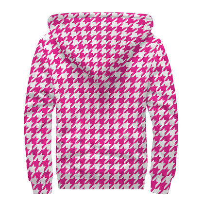 Hot Pink And White Houndstooth Print Sherpa Lined Zip Up Hoodie