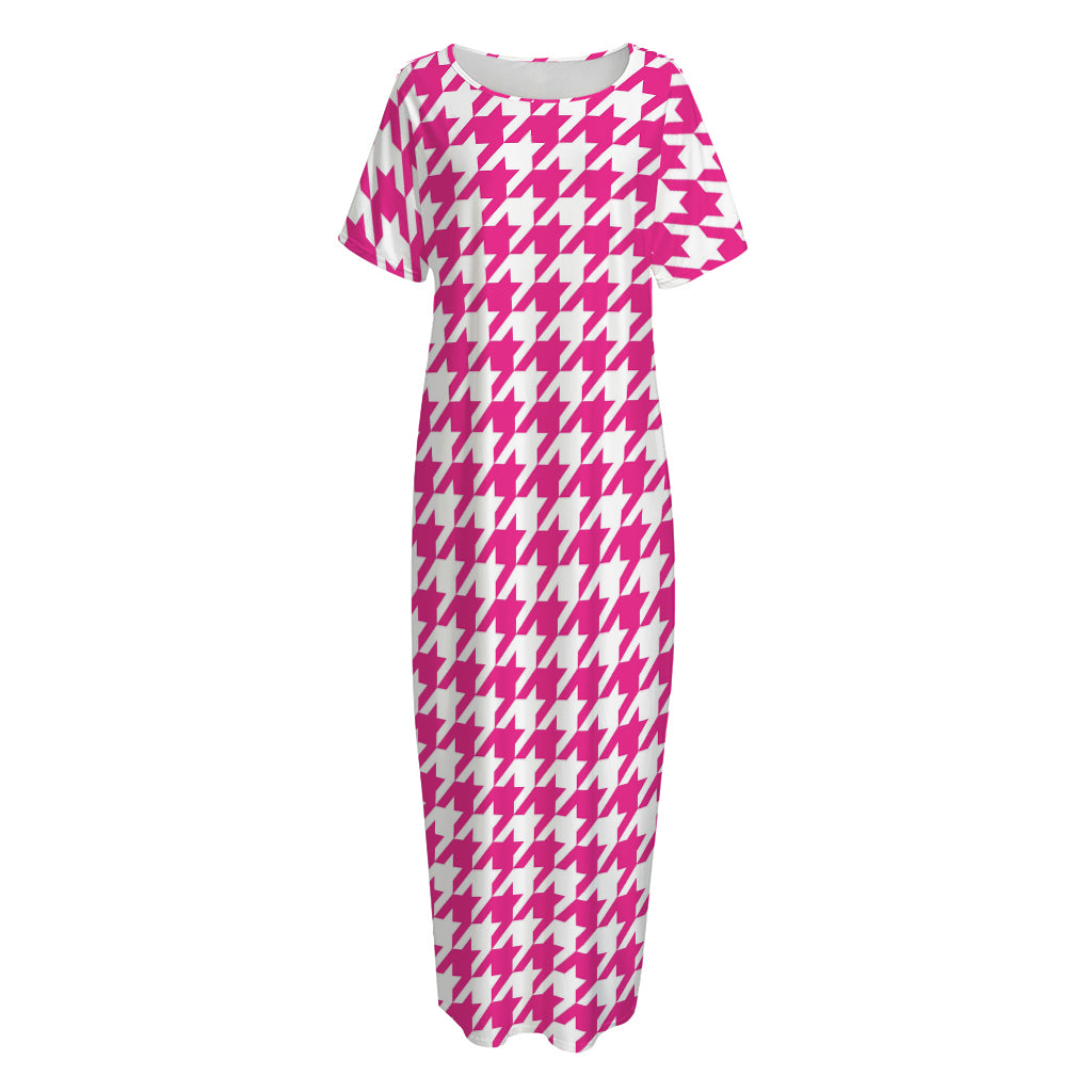 Hot Pink And White Houndstooth Print Short Sleeve Long Nightdress