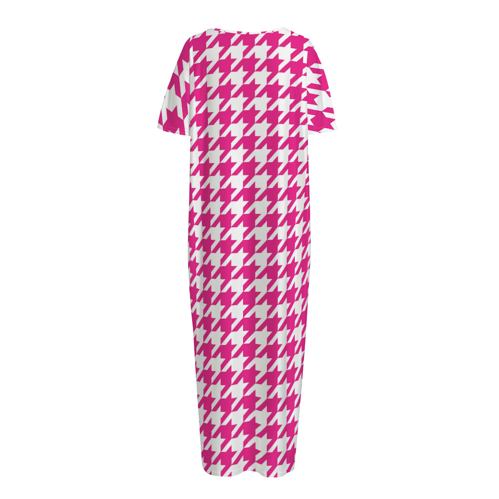 Hot Pink And White Houndstooth Print Short Sleeve Long Nightdress
