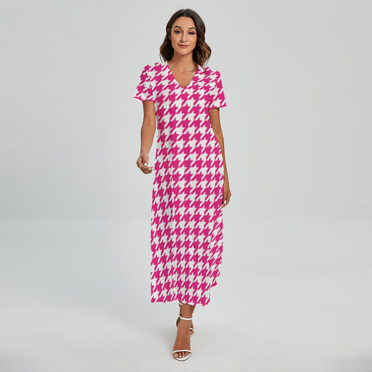 Hot Pink And White Houndstooth Print Short Sleeve Maxi Dress