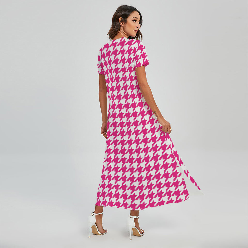 Hot Pink And White Houndstooth Print Short Sleeve Maxi Dress