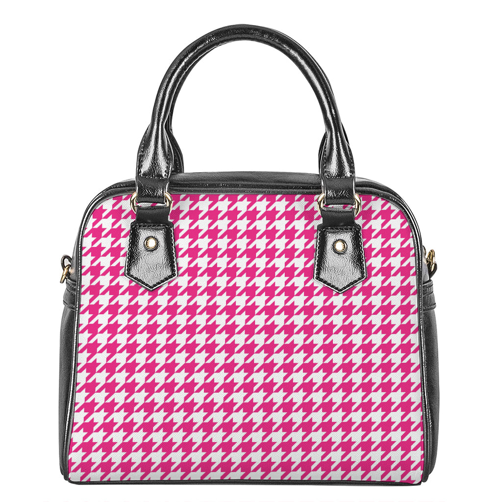 Hot Pink And White Houndstooth Print Shoulder Handbag