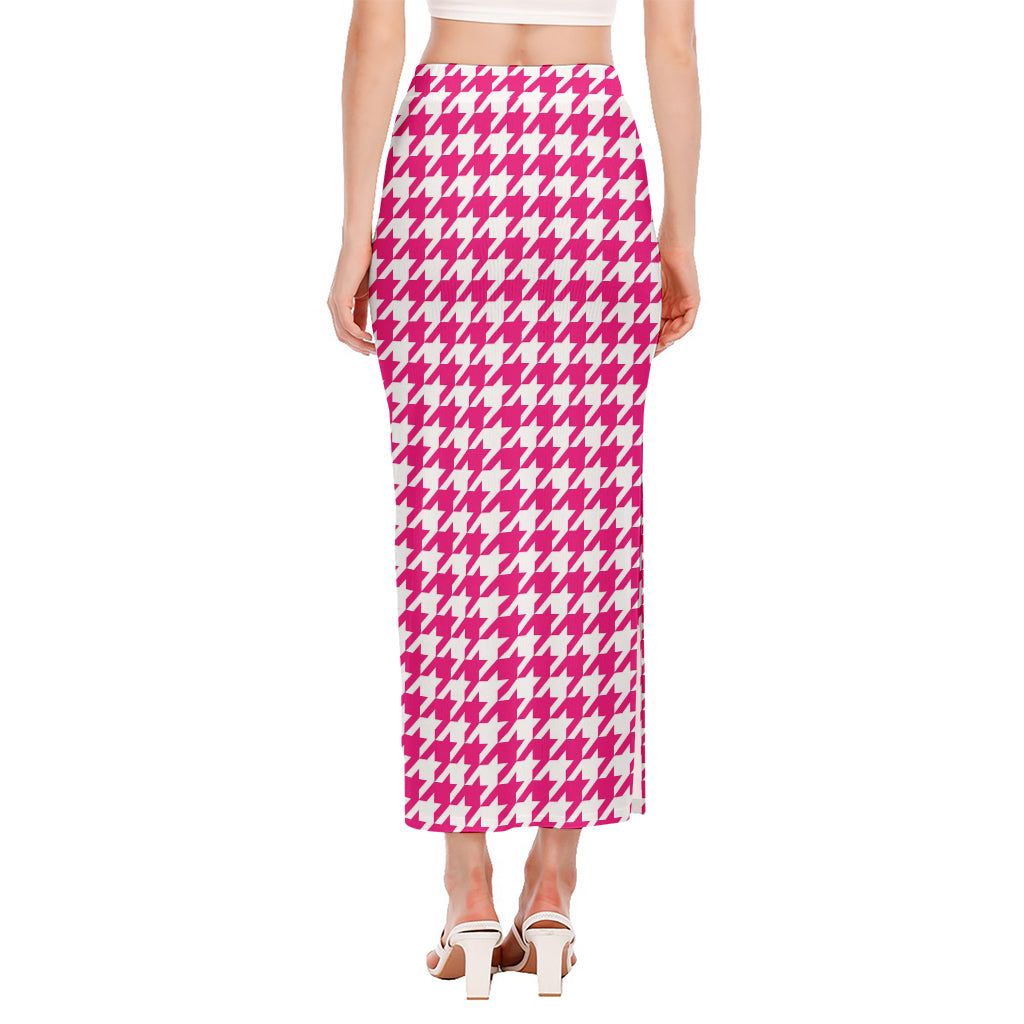 Hot Pink And White Houndstooth Print Side Slit Maxi Skirt