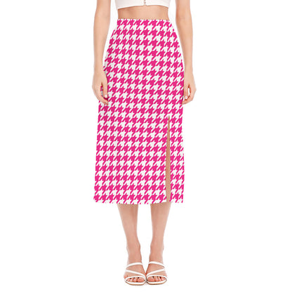 Hot Pink And White Houndstooth Print Side Slit Midi Skirt