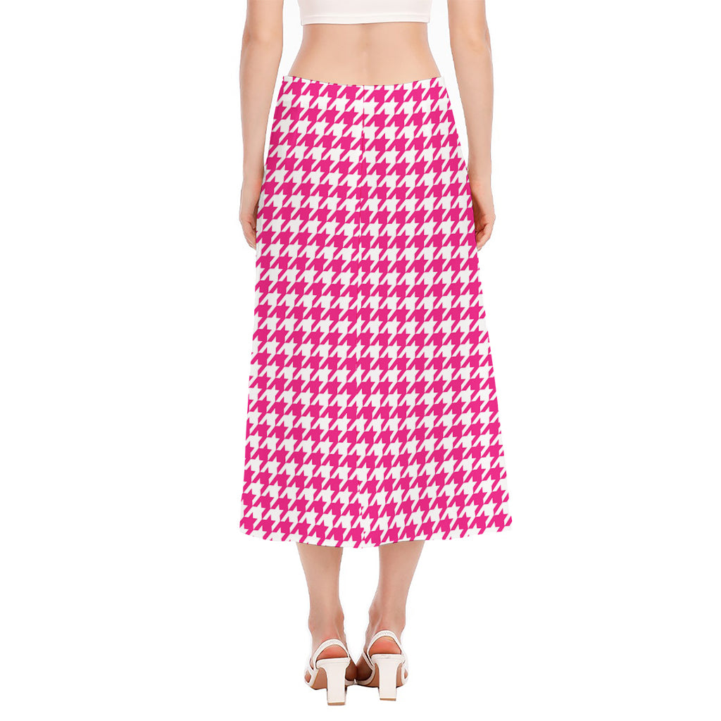 Hot Pink And White Houndstooth Print Side Slit Midi Skirt