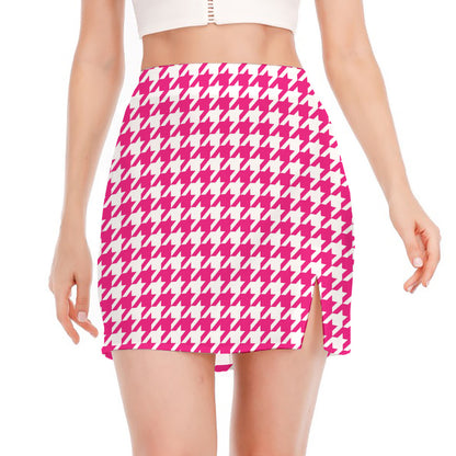 Hot Pink And White Houndstooth Print Side Slit Mini Skirt