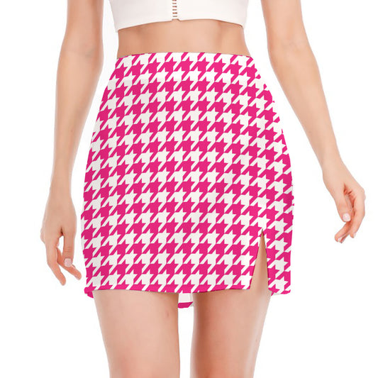 Hot Pink And White Houndstooth Print Side Slit Mini Skirt