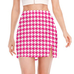 Hot Pink And White Houndstooth Print Side Slit Mini Skirt