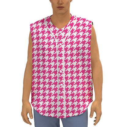 Hot Pink And White Houndstooth Print Sleeveless Baseball Jersey