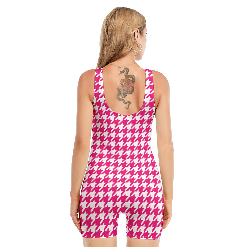 Hot Pink And White Houndstooth Print Sleeveless One Piece Swimsuit