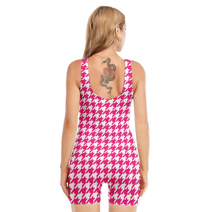 Hot Pink And White Houndstooth Print Sleeveless One Piece Swimsuit
