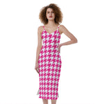 Hot Pink And White Houndstooth Print Slim Fit Midi Cami Dress