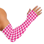 Hot Pink And White Houndstooth Print Sun Protection Arm Sleeves