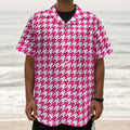 Hot Pink And White Houndstooth Print Textured Short Sleeve Shirt