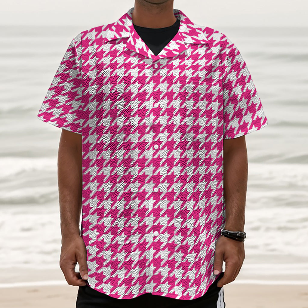 Hot Pink And White Houndstooth Print Textured Short Sleeve Shirt