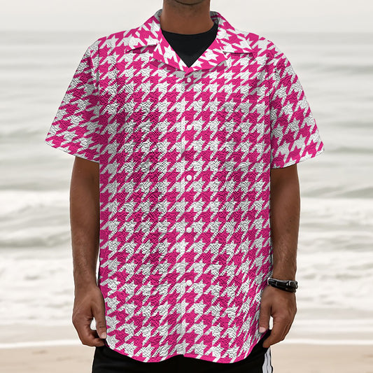 Hot Pink And White Houndstooth Print Textured Short Sleeve Shirt