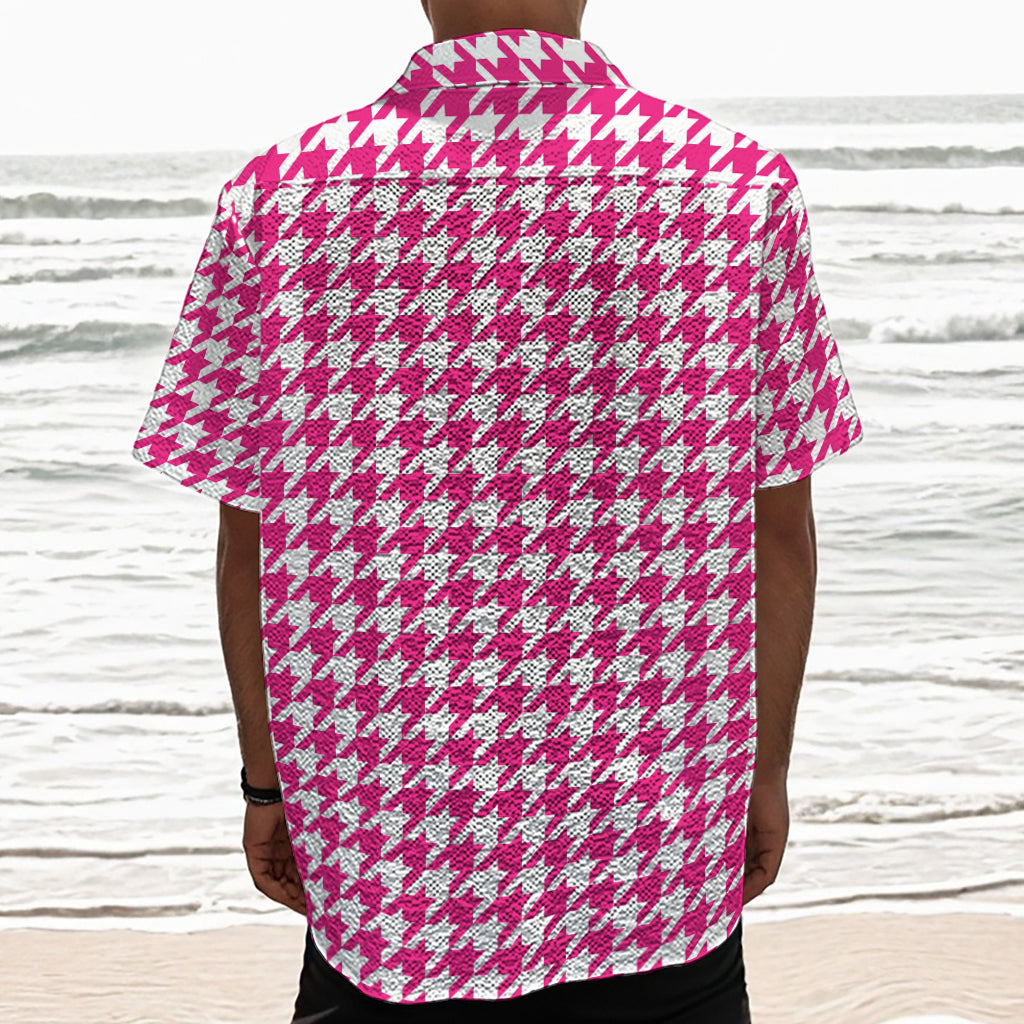 Hot Pink And White Houndstooth Print Textured Short Sleeve Shirt