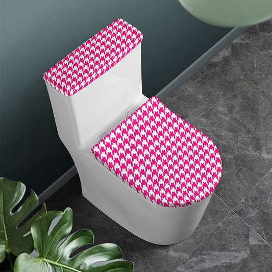 Hot Pink And White Houndstooth Print Toilet Lid And Tank Cover Set