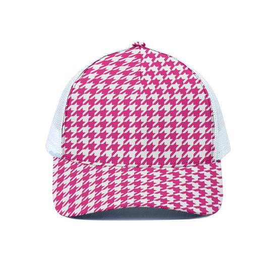 Hot Pink And White Houndstooth Print White Mesh Trucker Cap