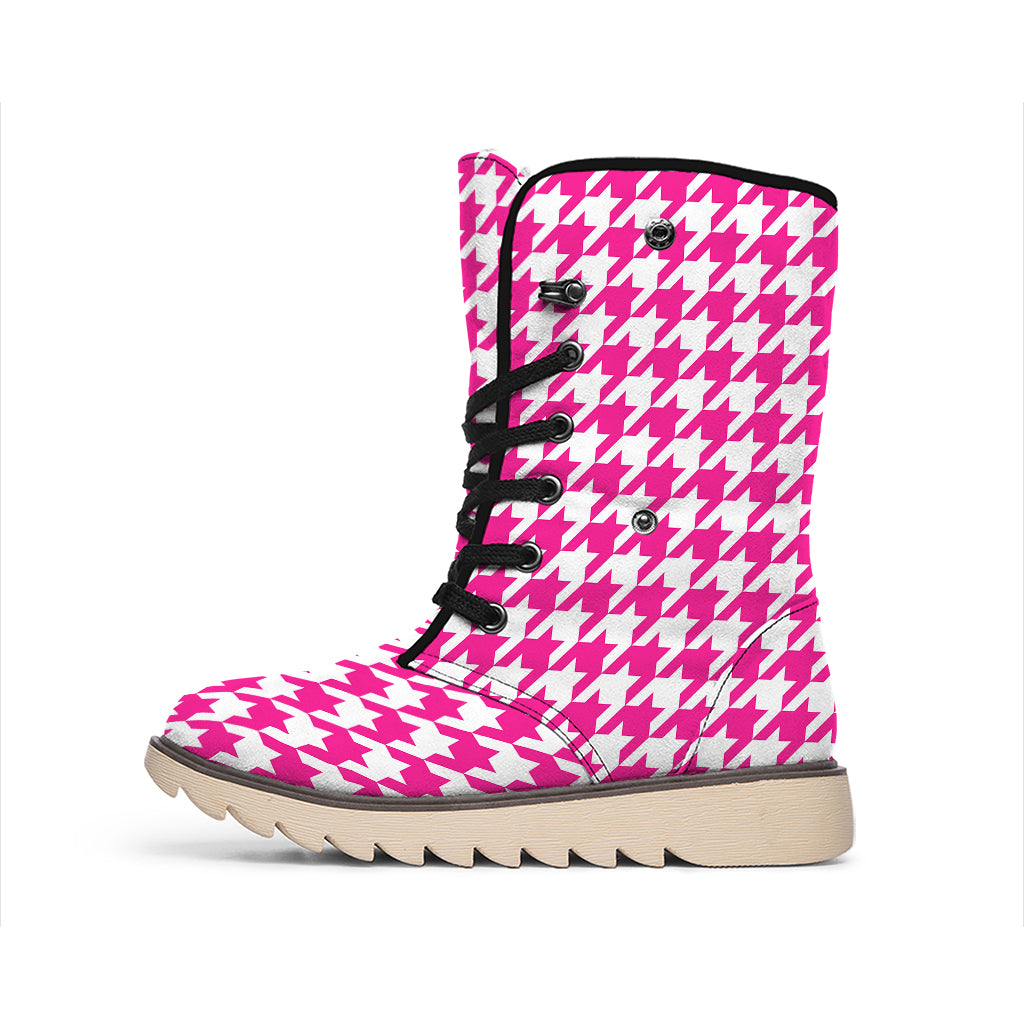 Hot Pink And White Houndstooth Print Winter Boots