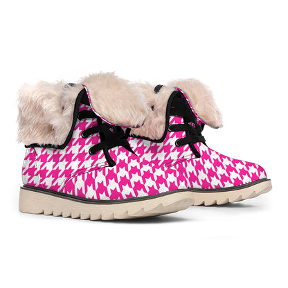 Hot Pink And White Houndstooth Print Winter Boots