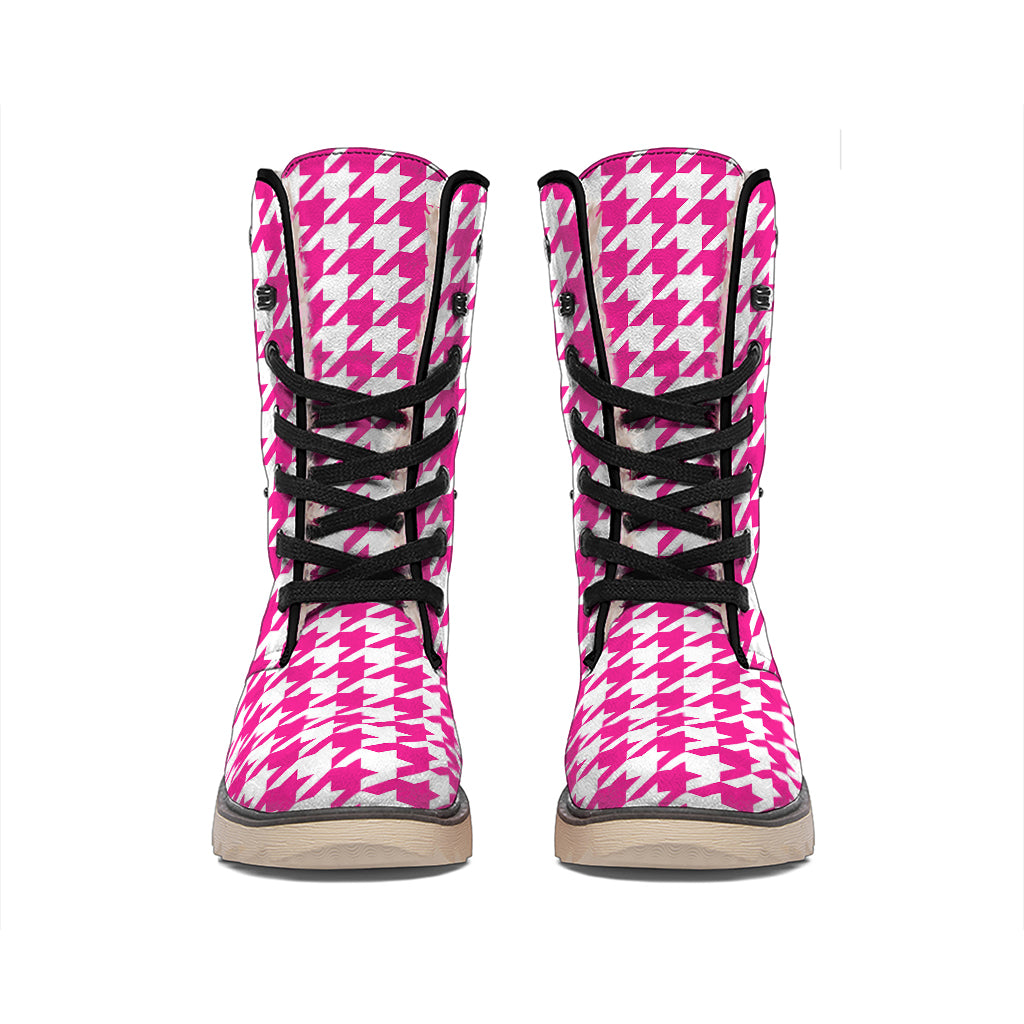 Hot Pink And White Houndstooth Print Winter Boots