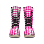 Hot Pink And White Houndstooth Print Winter Boots
